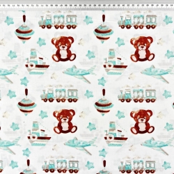 Baumwolle 100% Bären mit Kreisel mint-braun auf weißem Hintergrund  