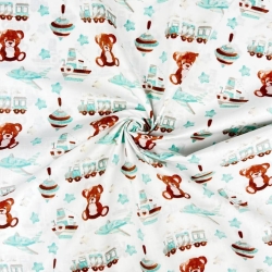 Baumwolle 100% Bären mit Kreisel mint-braun auf weißem Hintergrund  