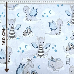 100% Baumwolle mit grauen Drachen auf blauem Hintergrund  