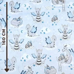 100% Baumwolle mit grauen Drachen auf blauem Hintergrund  