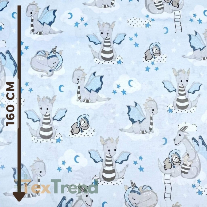 100% Baumwolle mit grauen Drachen auf blauem Hintergrund