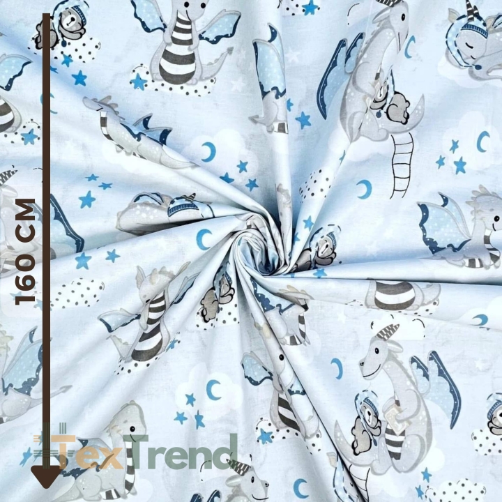 100% Baumwolle mit grauen Drachen auf blauem Hintergrund