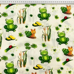 100% Baumwolle mit grünen Fröschen auf Ecru-Hintergrund  