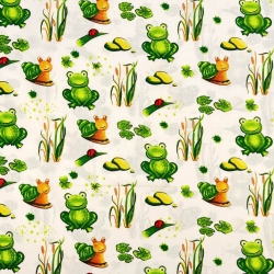 100% Baumwolle mit grünen Fröschen auf Ecru-Hintergrund  