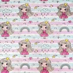 Baumwolle 100% Prinzessinnen mit Regenbogen auf rosa-mint gestreift  