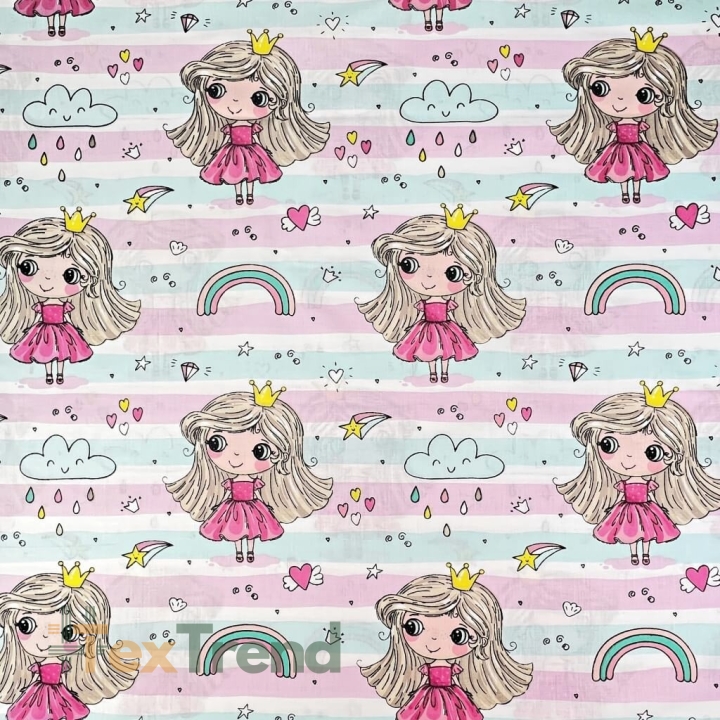 Baumwolle 100% Prinzessinnen mit Regenbogen auf rosa-mint gestreift  