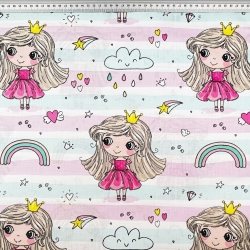Baumwolle 100% Prinzessinnen mit Regenbogen auf rosa-mint gestreift  