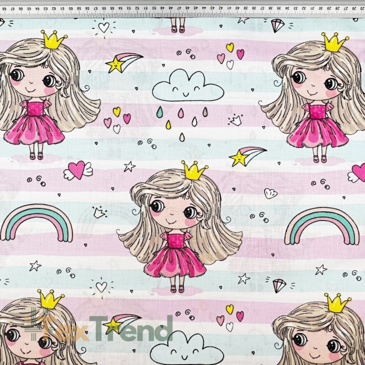 Baumwolle 100% Prinzessinnen mit Regenbogen auf rosa-mint gestreift  