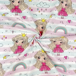 Baumwolle 100% Prinzessinnen mit Regenbogen auf rosa-mint gestreift  