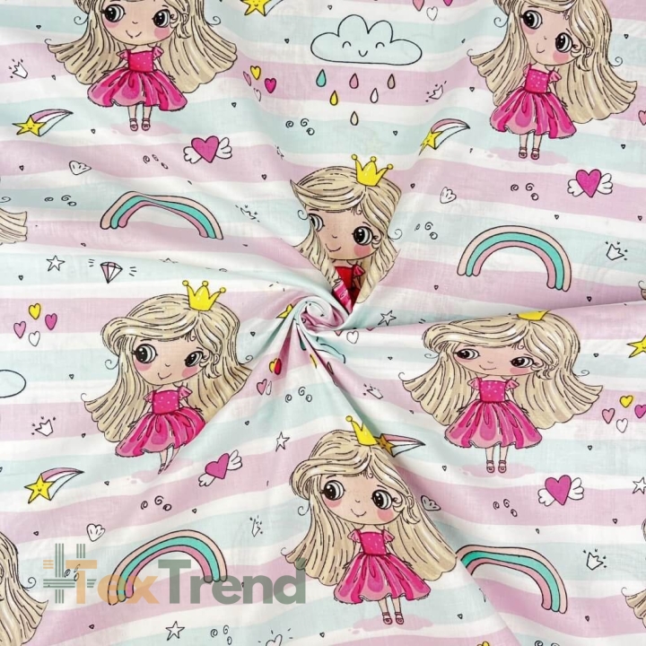 Baumwolle 100% Prinzessinnen mit Regenbogen auf rosa-mint gestreift  