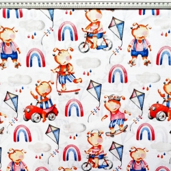 Baumwolle 100% Hunde mit Regenbögen auf weißem Hintergrund  