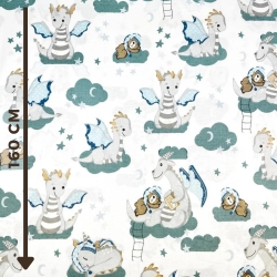 100% Baumwolle mit grauen Drachen auf weißem Hintergrund  