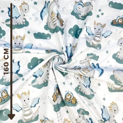 100% Baumwolle mit grauen Drachen auf weißem Hintergrund  