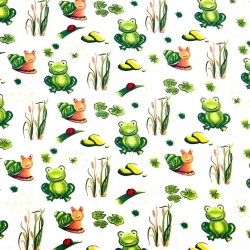 100% Baumwolle mit grünen Fröschen auf weißem Hintergrund  