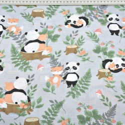 Baumwoll-Musselin mit Pandas und Füchsen auf grauem Hintergrund  