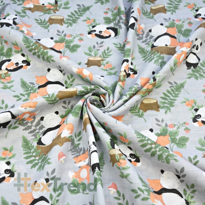 Baumwoll-Musselin mit Pandas und Füchsen auf grauem Hintergrund  
