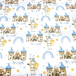 Baumwolle 100% Burgen in beige-blau auf weißem Hintergrund  