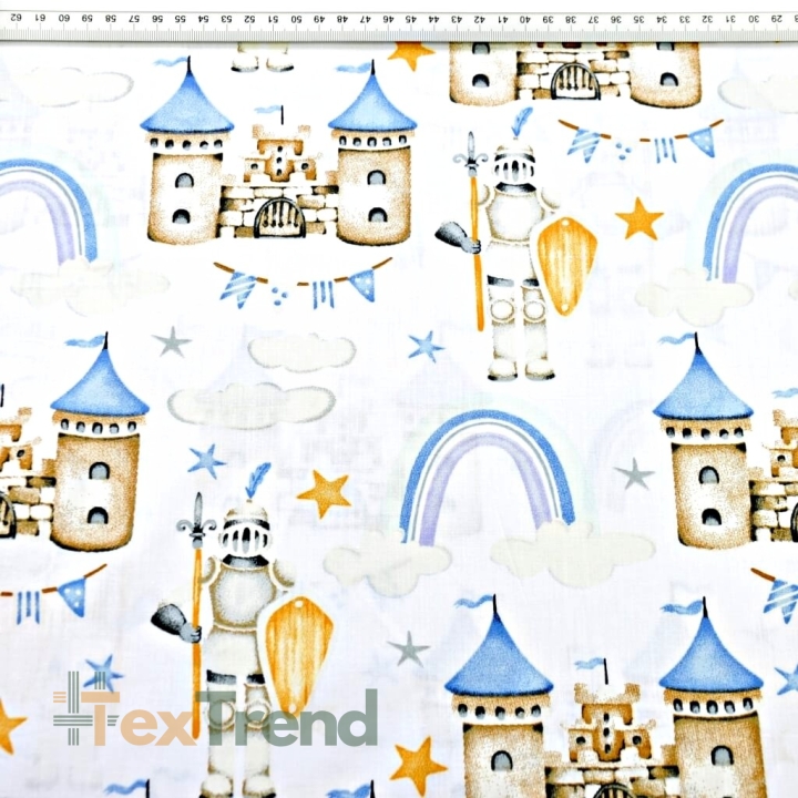 Baumwolle 100% Burgen in beige-blau auf weißem Hintergrund  