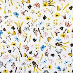 Baumwolle 100% Insekten und Wiesenblumen auf weißem Hintergrund  