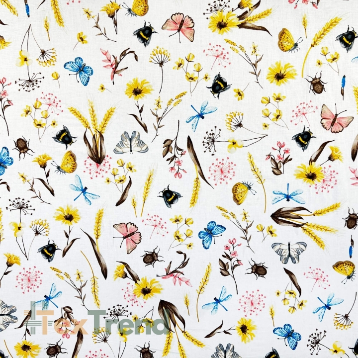 Baumwolle 100% Insekten und Wiesenblumen auf weißem Hintergrund  