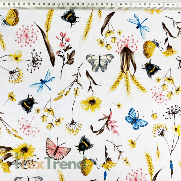 Baumwolle 100% Insekten und Wiesenblumen auf weißem Hintergrund  