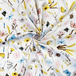 Baumwolle 100% Insekten und Wiesenblumen auf weißem Hintergrund  