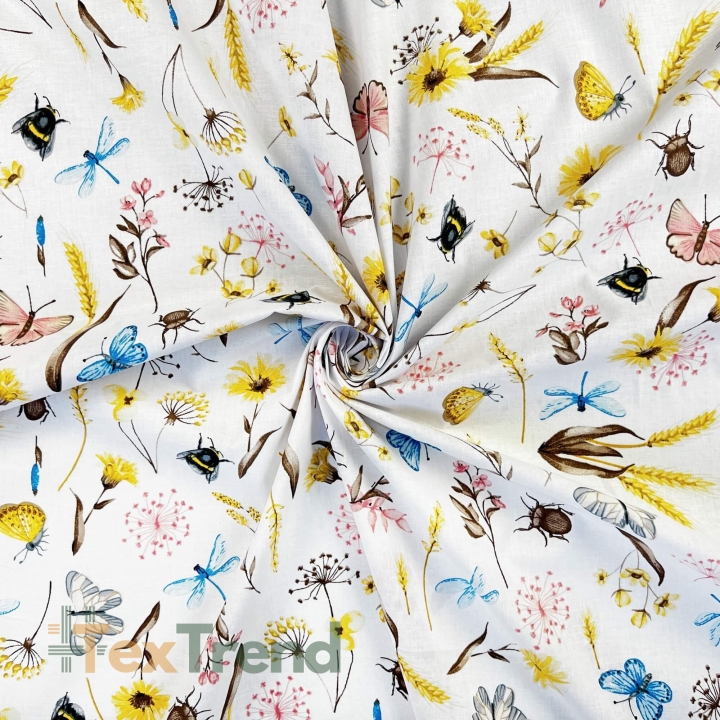 Baumwolle 100% Insekten und Wiesenblumen auf weißem Hintergrund  