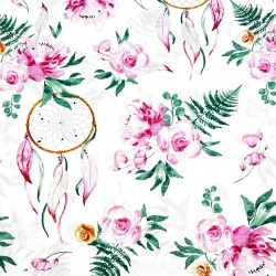 100% Baumwolle mit rosa Blumen und Traumfängern auf weißem Hintergrund  