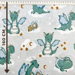 100% Baumwolle mit salbeigrünen Drachen auf grauem Hintergrund  