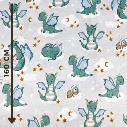 100% Baumwolle mit salbeigrünen Drachen auf grauem Hintergrund  