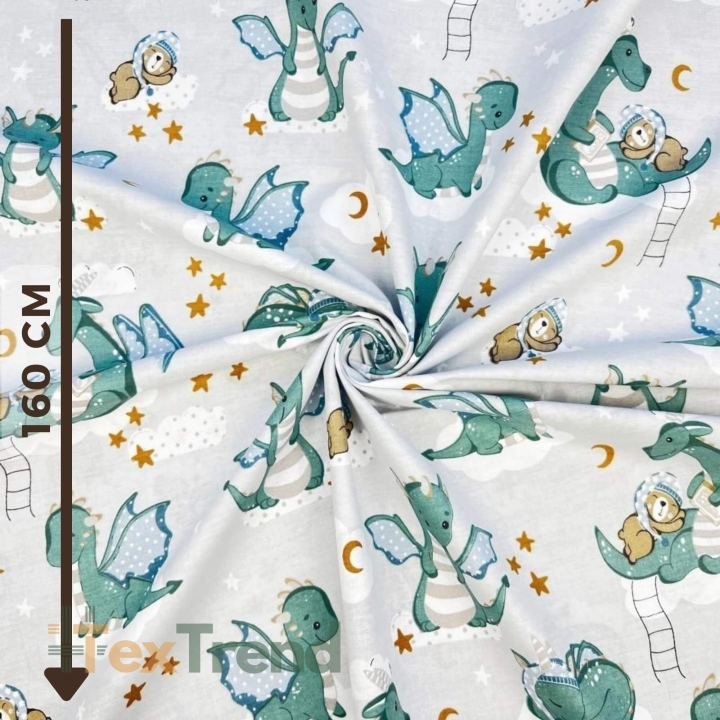 100% Baumwolle mit salbeigrünen Drachen auf grauem Hintergrund