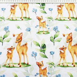 Baumwolle 100% Rehfamilie mit Beeren auf weißem Hintergrund  