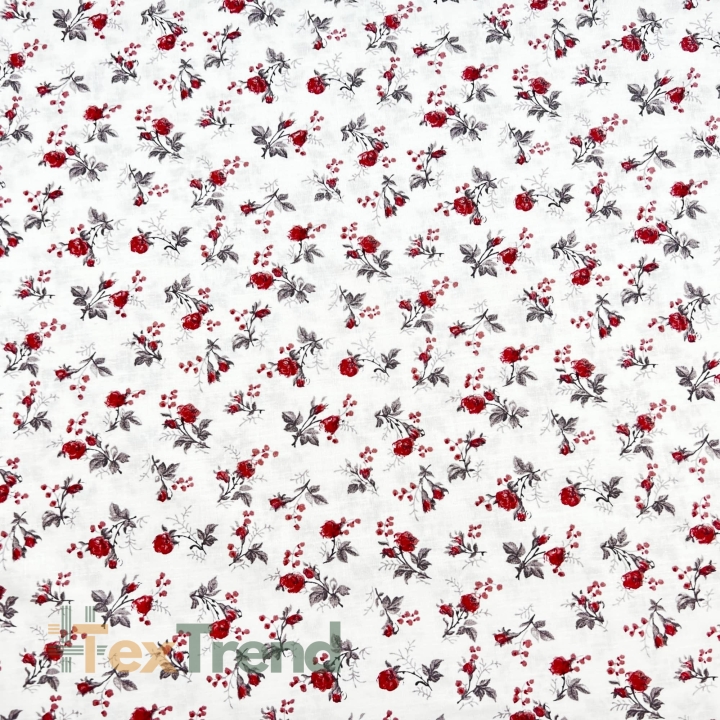 100% Baumwolle mit mini bordeauxfarbenen Rosen auf weißem Hintergrund  