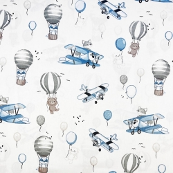 100% Baumwolle mit Kuscheltieren in Flugzeugen und blauen Ballons auf weißem Hintergrund  