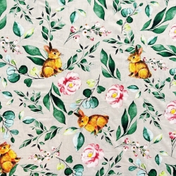 Baumwolle 100% Hasen mit Blättern auf beige Hintergrund  