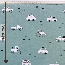 Baumwolle 100% weiße Autos auf salbeigrünem Hintergrund  