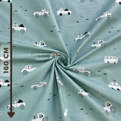 Baumwolle 100% weiße Autos auf salbeigrünem Hintergrund  
