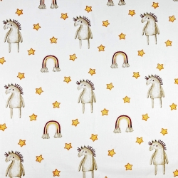 100% Baumwolle mit braunen Pferden und Regenbögen auf weißem Hintergrund  