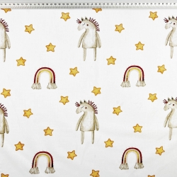 100% Baumwolle mit braunen Pferden und Regenbögen auf weißem Hintergrund  