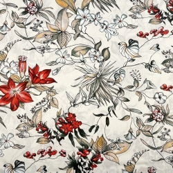 100% Baumwolle mit rot-olivfarbenen Blumen auf Ecru-Hintergrund  