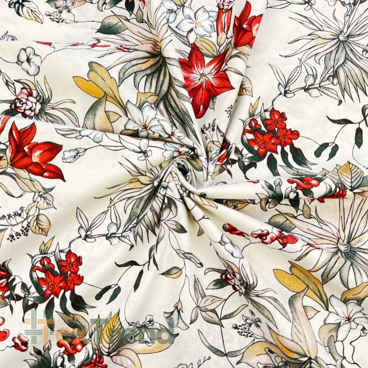 100% Baumwolle mit rot-olivfarbenen Blumen auf Ecru-Hintergrund  