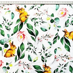 Baumwolle 100% Hasen mit Blättern auf weißem Hintergrund  