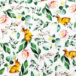 Baumwolle 100% Hasen mit Blättern auf weißem Hintergrund  