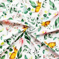 Baumwolle 100% Hasen mit Blättern auf weißem Hintergrund  