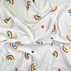Musselin Double Gauze bedruckt mit bunten Regenbögen  