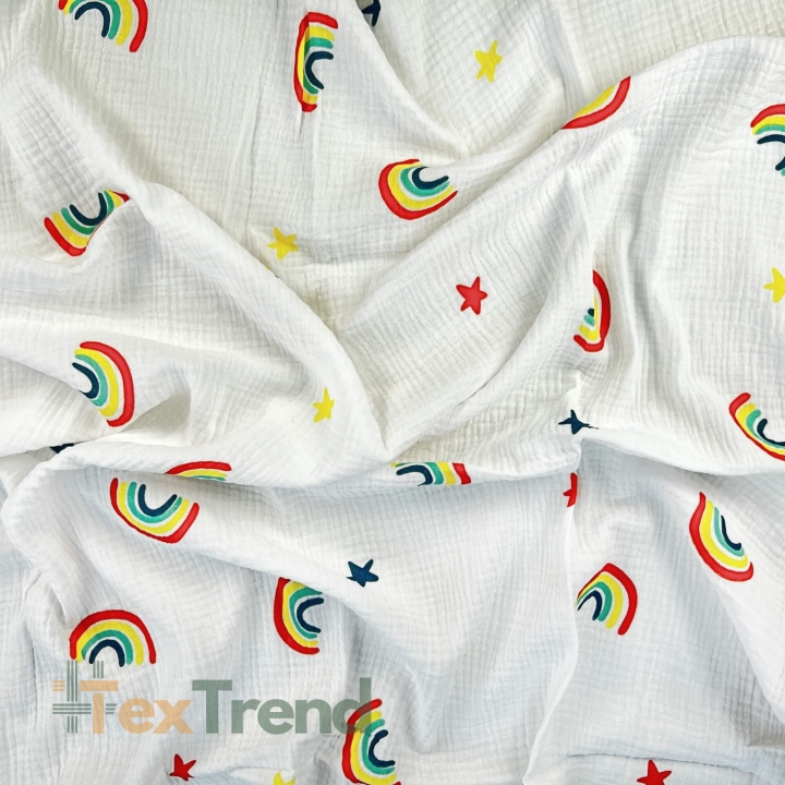 Musselin Double Gauze bedruckt mit bunten Regenbögen  
