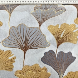 100% Baumwolle mit Ginkgo in grau-gold auf grauem Hintergrund  