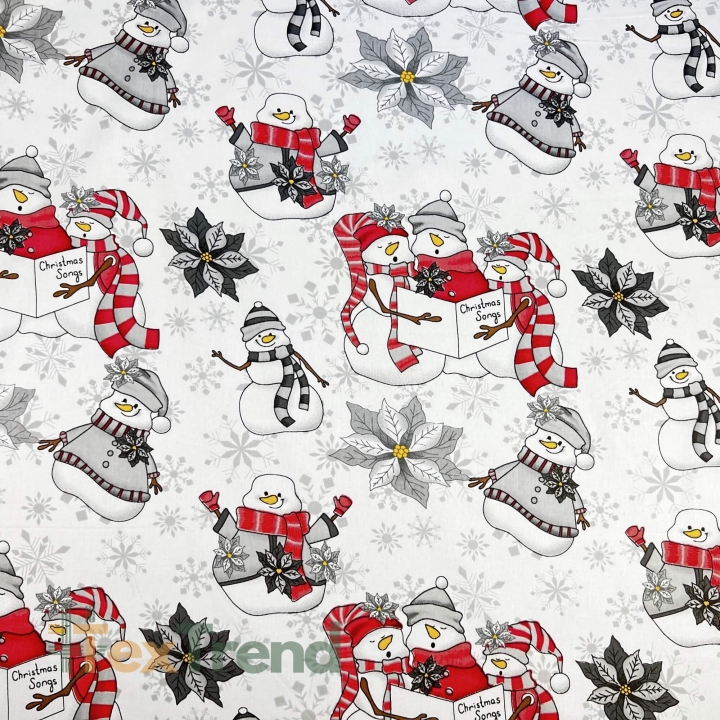 Baumwolle 100% Weihnachtsmuster Schneemänner rot-grau auf weißem Hintergrund  