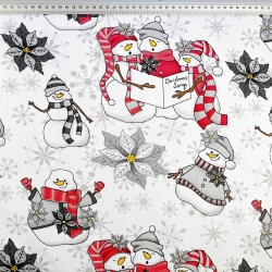Baumwolle 100% Weihnachtsmuster Schneemänner rot-grau auf weißem Hintergrund  