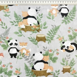 100% Baumwolle mit Pandas und Füchsen auf grauem Hintergrund  